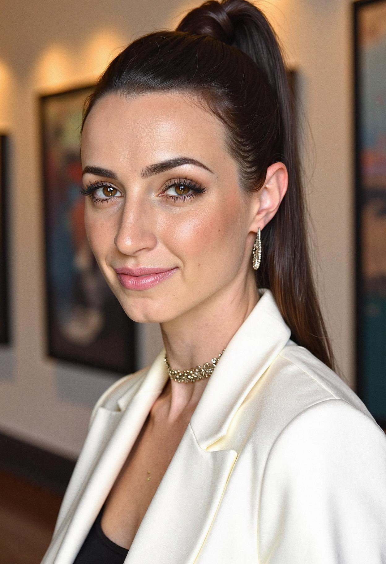 A professional headshot of a woman with a high ponytail,  wearing false lashes,  glowy foundation on Tensor.Art