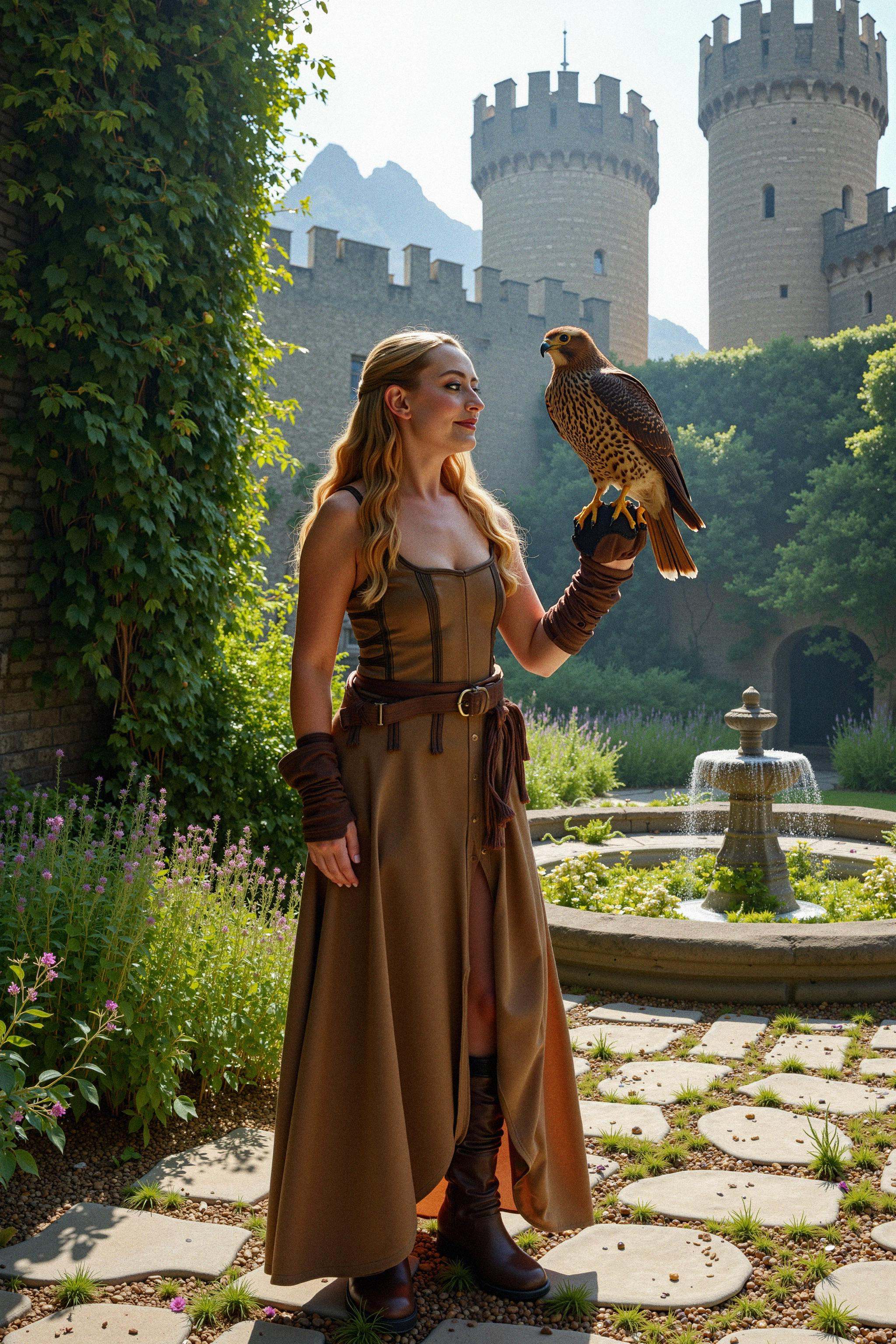 Full body shot of a medieval falconer standing in a lush castle courtyard,  holding a falcon perched on her gloved arm. Sh...
