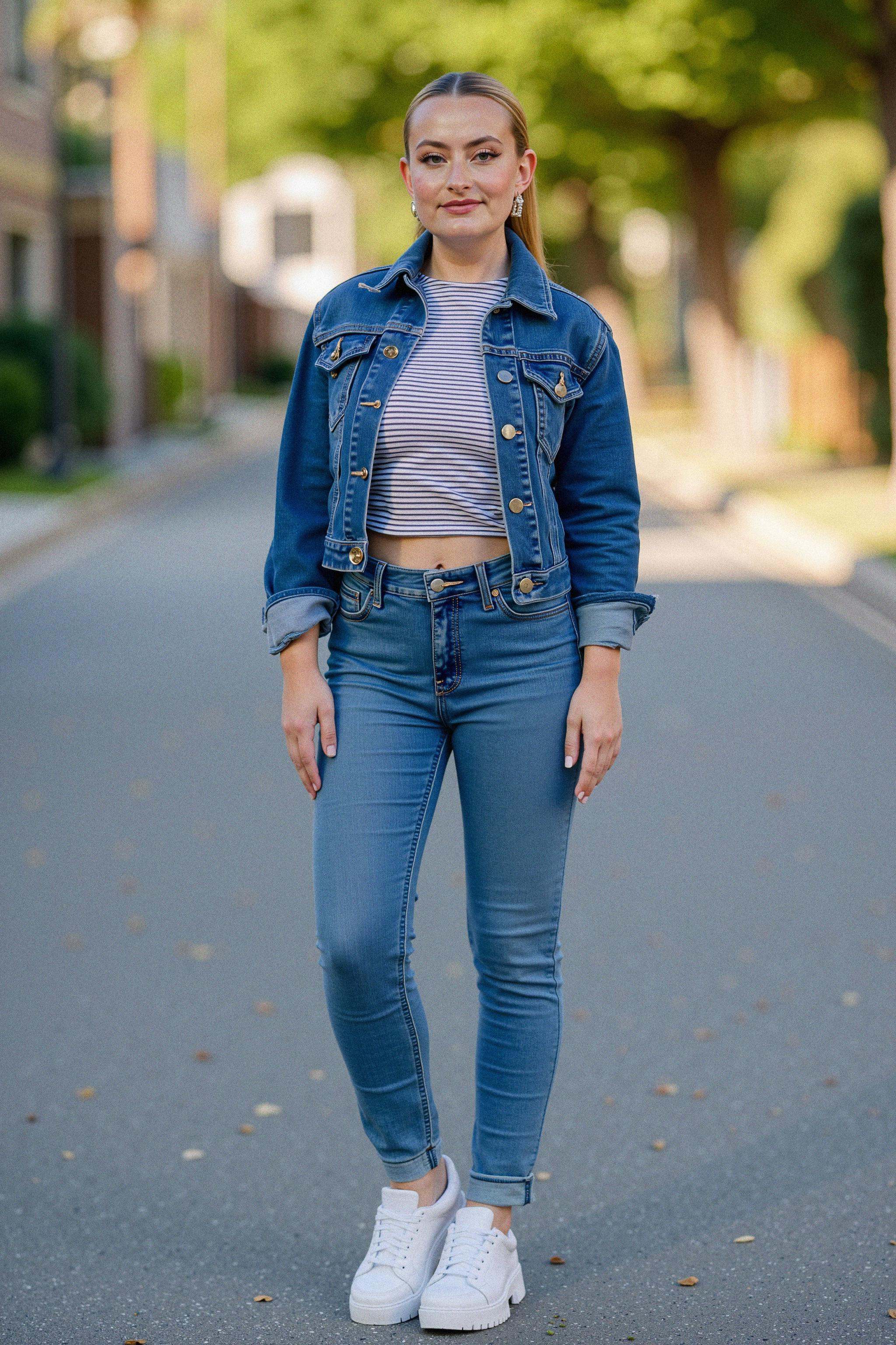 A stylish woman standing on a quiet suburban street on a sunny day,  captured in a full-body shot. She's wearing a fitted...