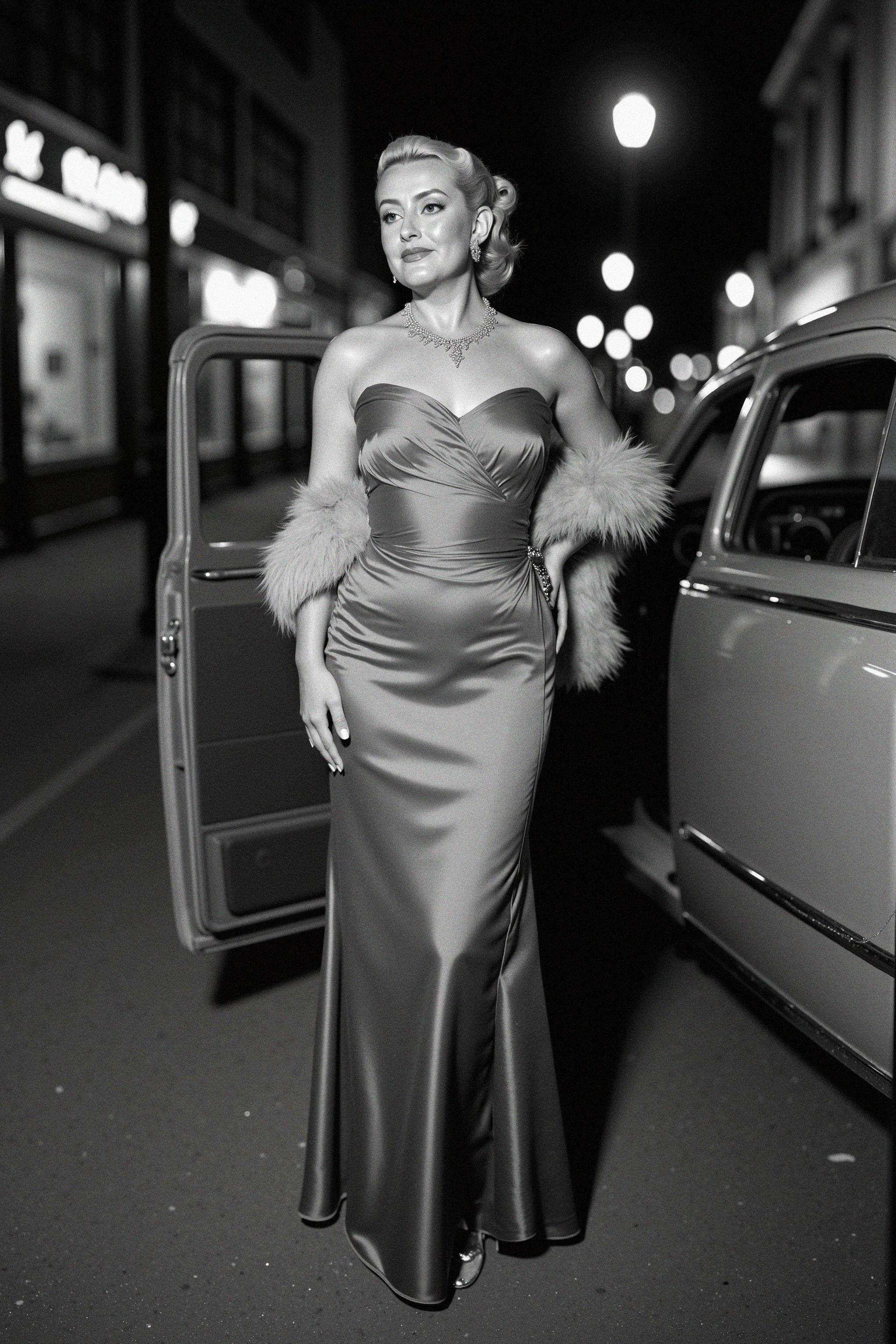 A black-and-white,  full-body shot of a glamorous Hollywood actress from the 1940s standing near a vintage car on a quiet...