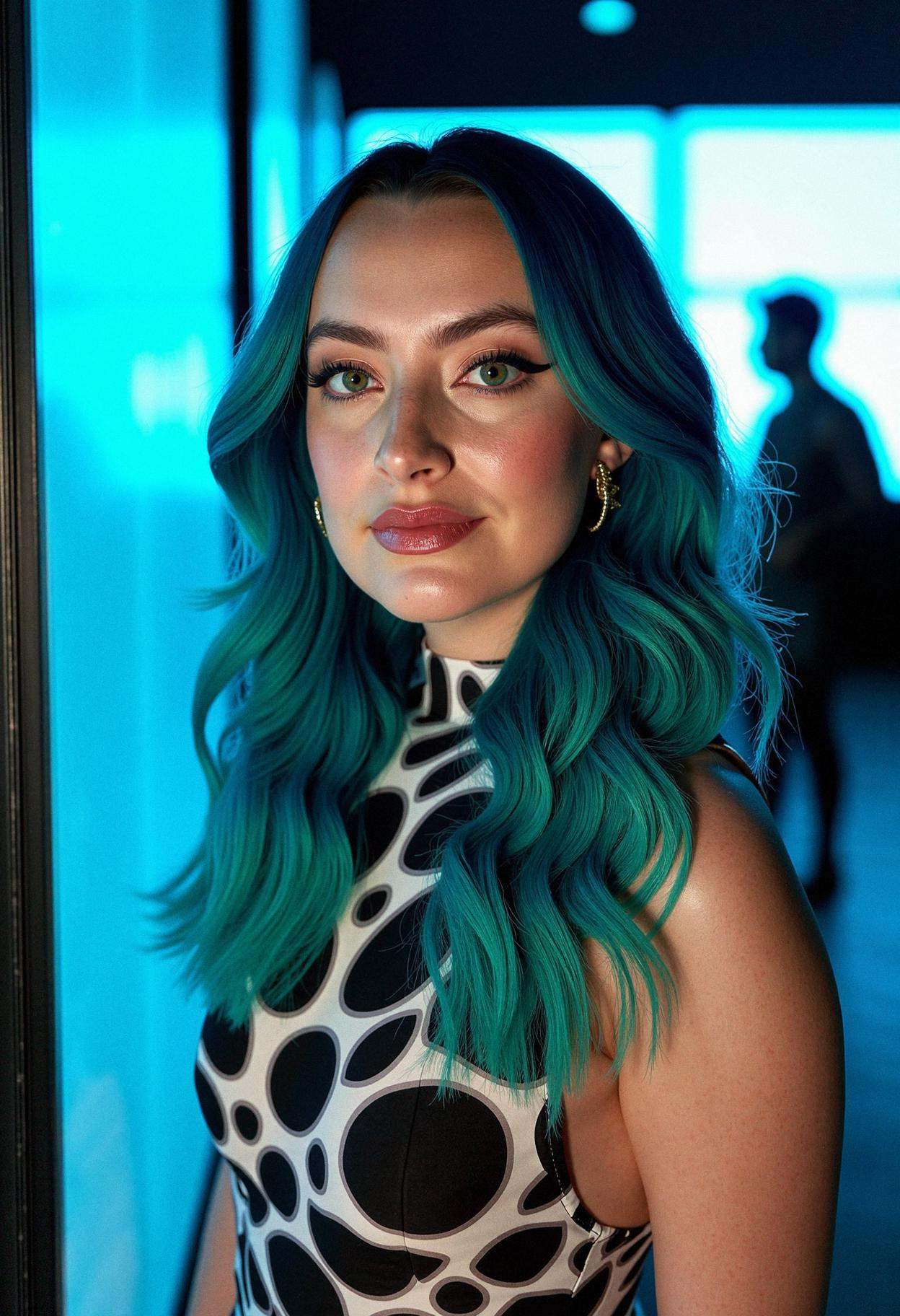 A woman at a digital art exhibit,  radiating bold expression. Her hair is dyed in a full ombré gradient,  starting with a...