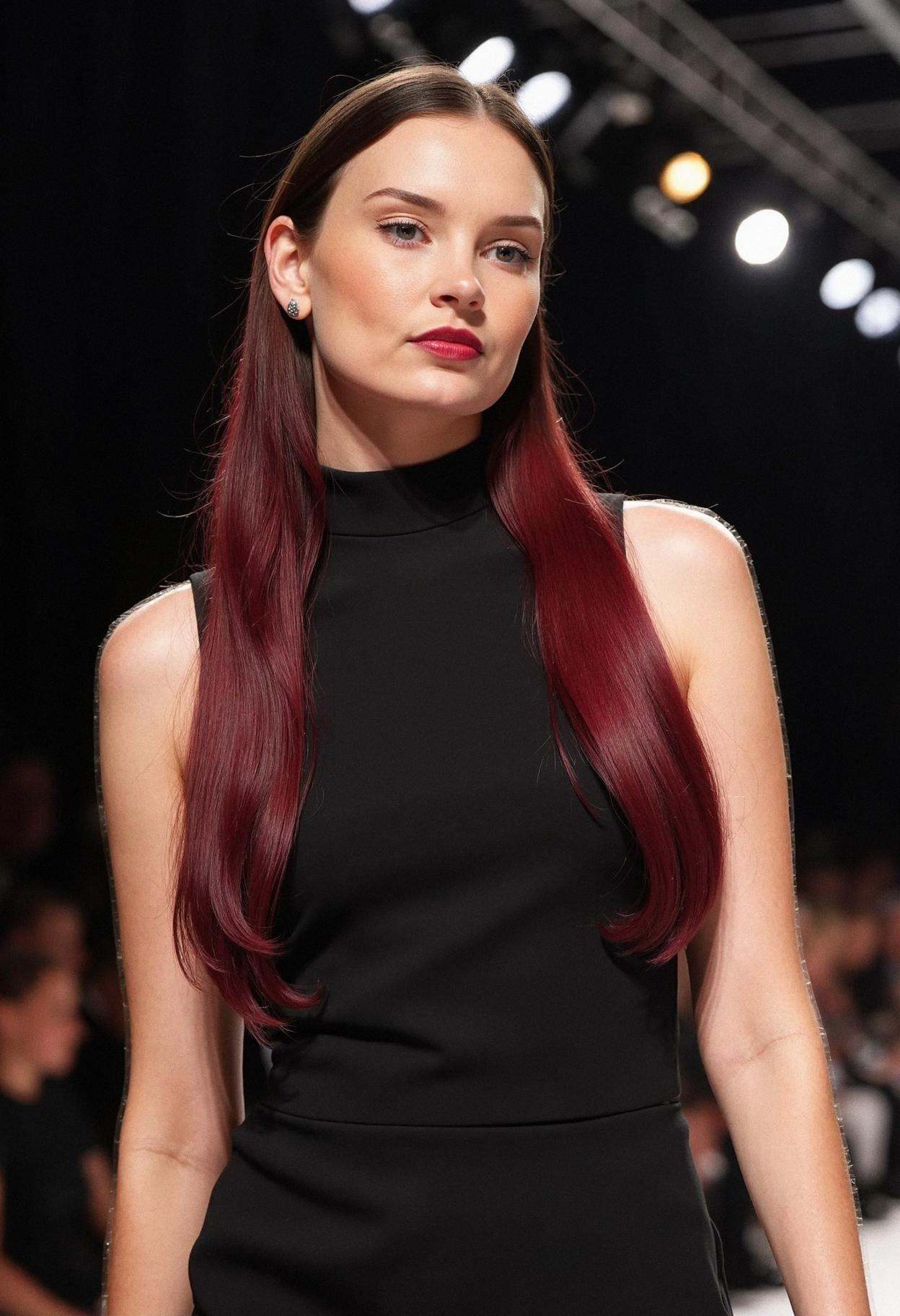 A woman at a high-fashion runway show,  embodying high-end chic. Her long,  straightened hair is fully dyed in a sophistic...