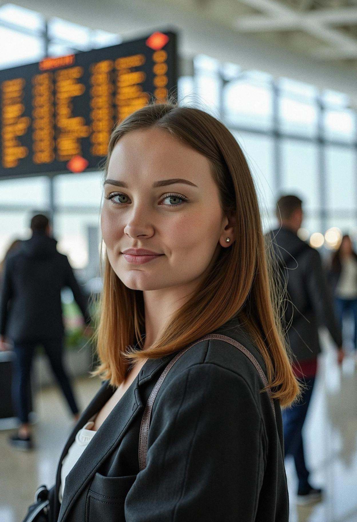 A woman in a bustling international airport,  exuding worldly confidence. Her shoulder-length hair is styled in a sleek,...