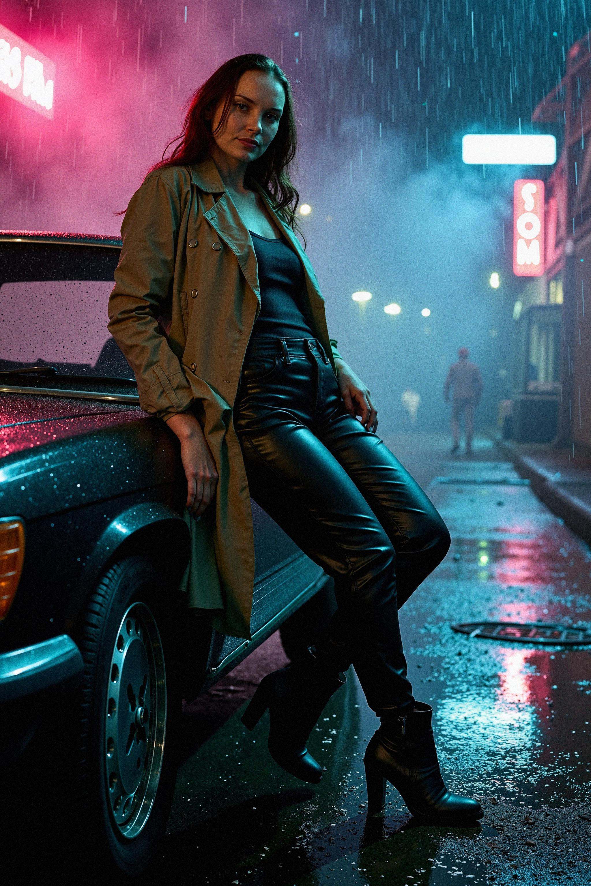 A woman leans against a rain-slicked car in a neon-lit alley. She's wearing a form-fitting trench coat and high-waisted tr...
