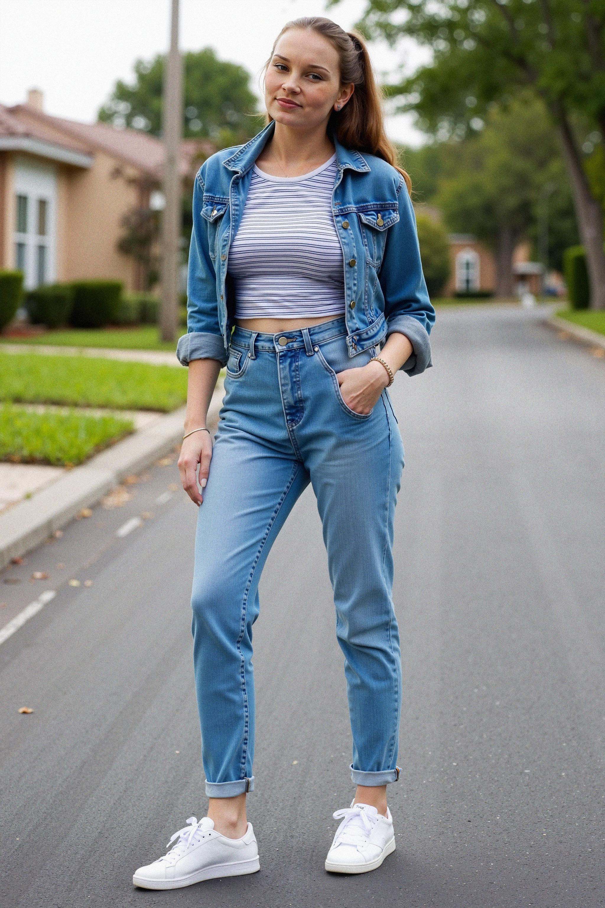 A stylish woman standing on a quiet suburban street on a sunny day,  captured in a full-body shot. She's wearing a fitted...