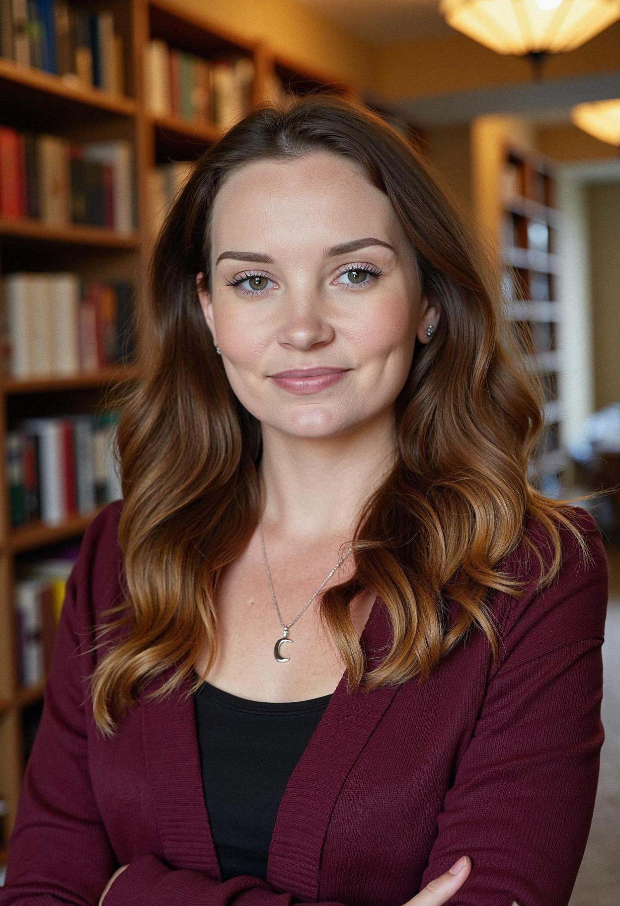 A professional headshot of a woman in a cozy bookstore,  gazing thoughtfully into the camera. She’s wearing a soft,  overs...