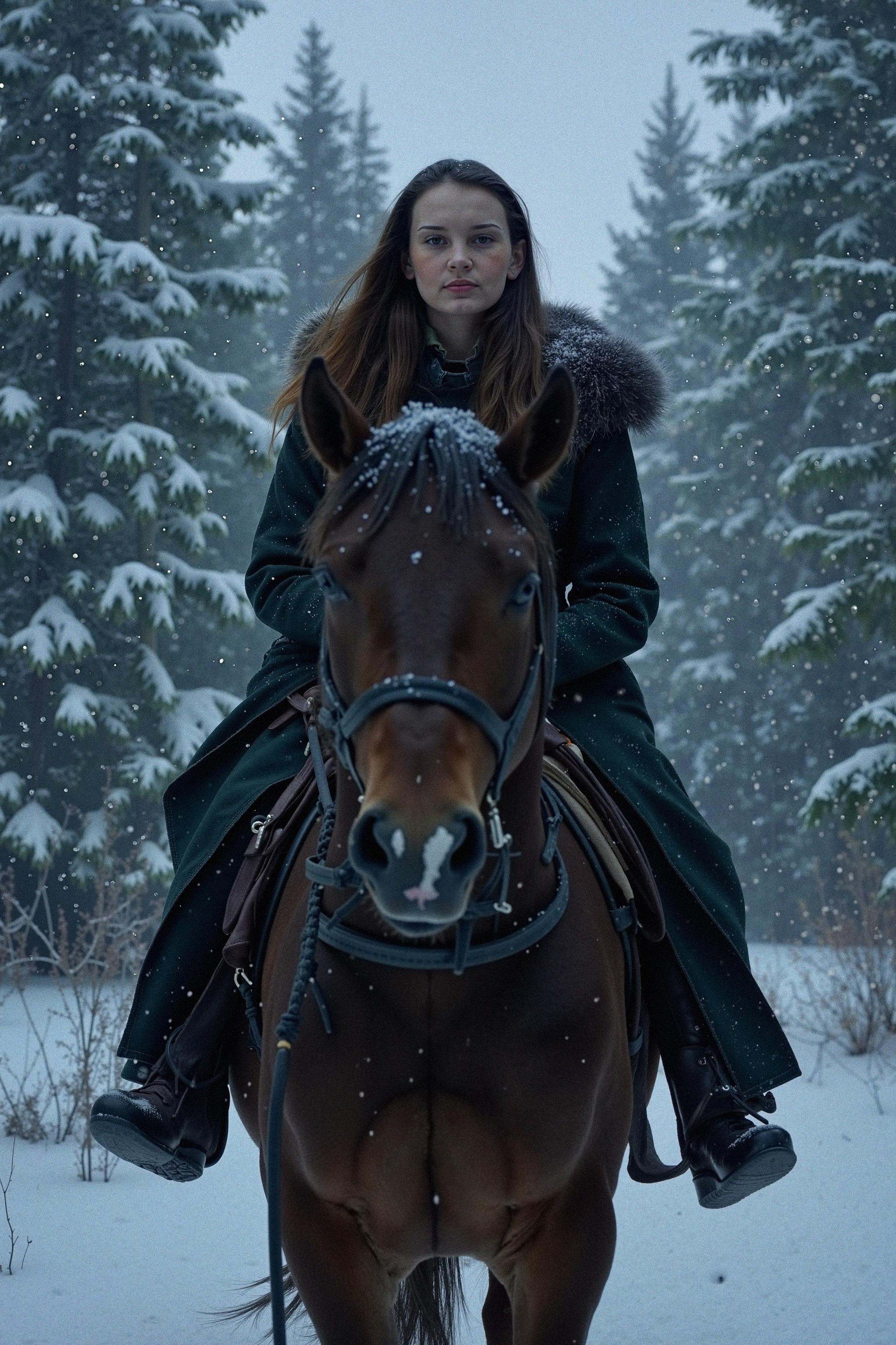 A woman rides a horse through a dense,  snow-covered forest at twilight in a full-body shot that captures both her and the...