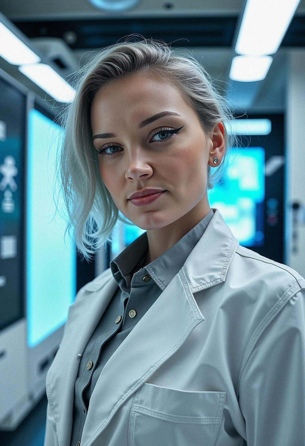 A woman in a high-tech robotics lab,  exuding confidence and innovation. Her hair is styled in an edgy,  asymmetrical bob...