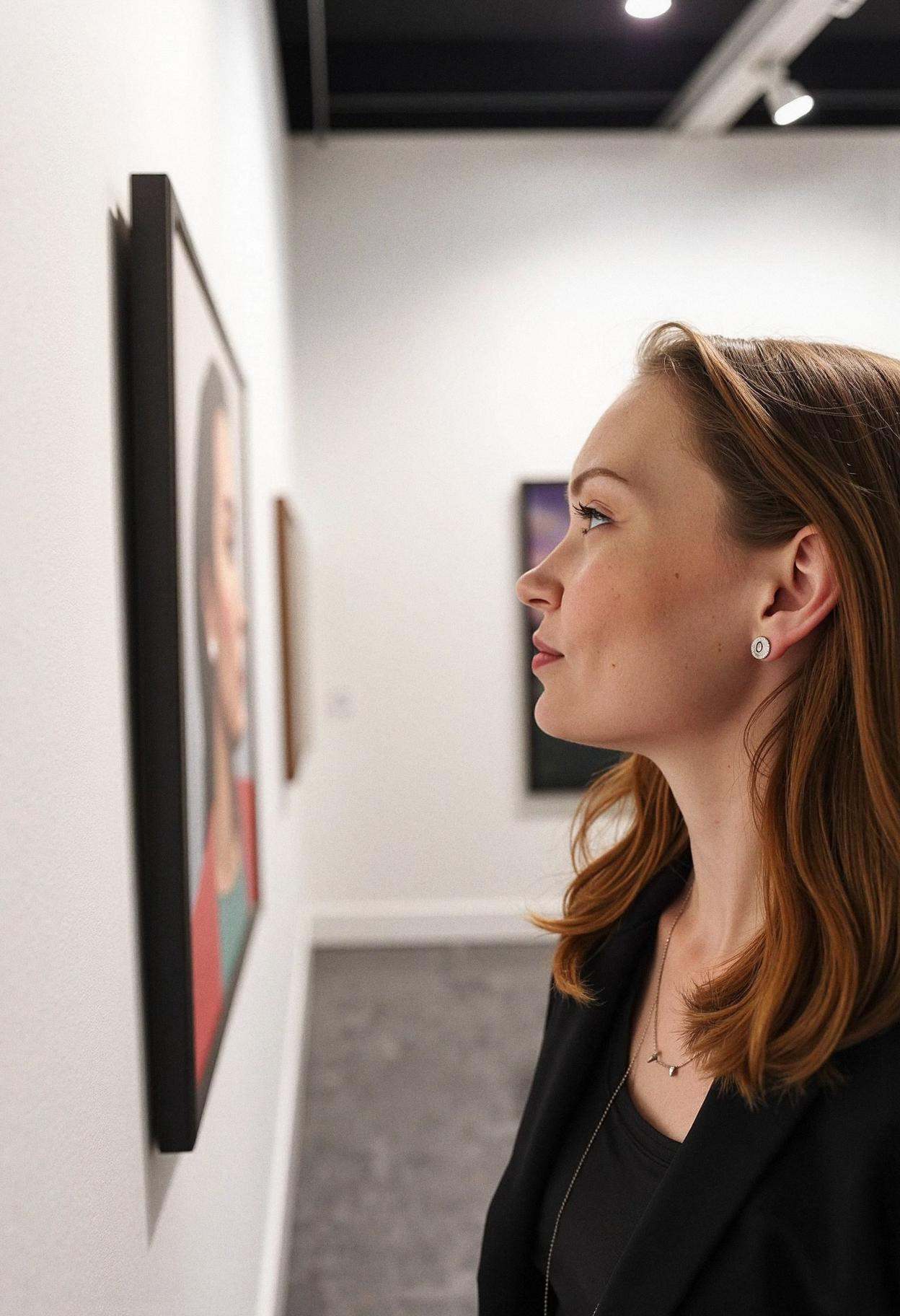 A female art viewer in side profile,  facing right,  examining a painting in a gallery. Her expression shows quiet contemp...