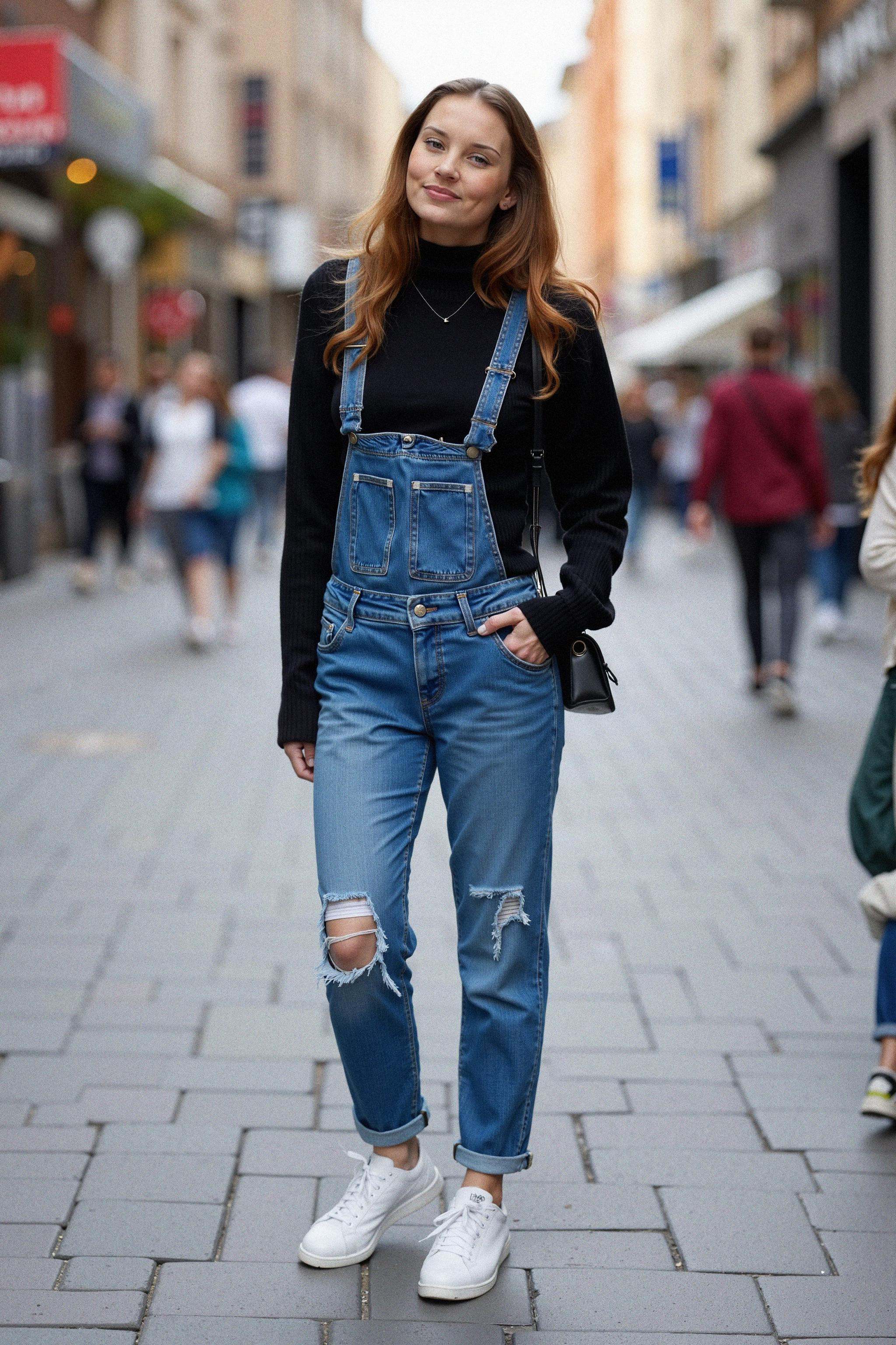 A confident woman standing on a bustling urban street during the day,  captured in a full-body shot. She’s wearing a fitte...