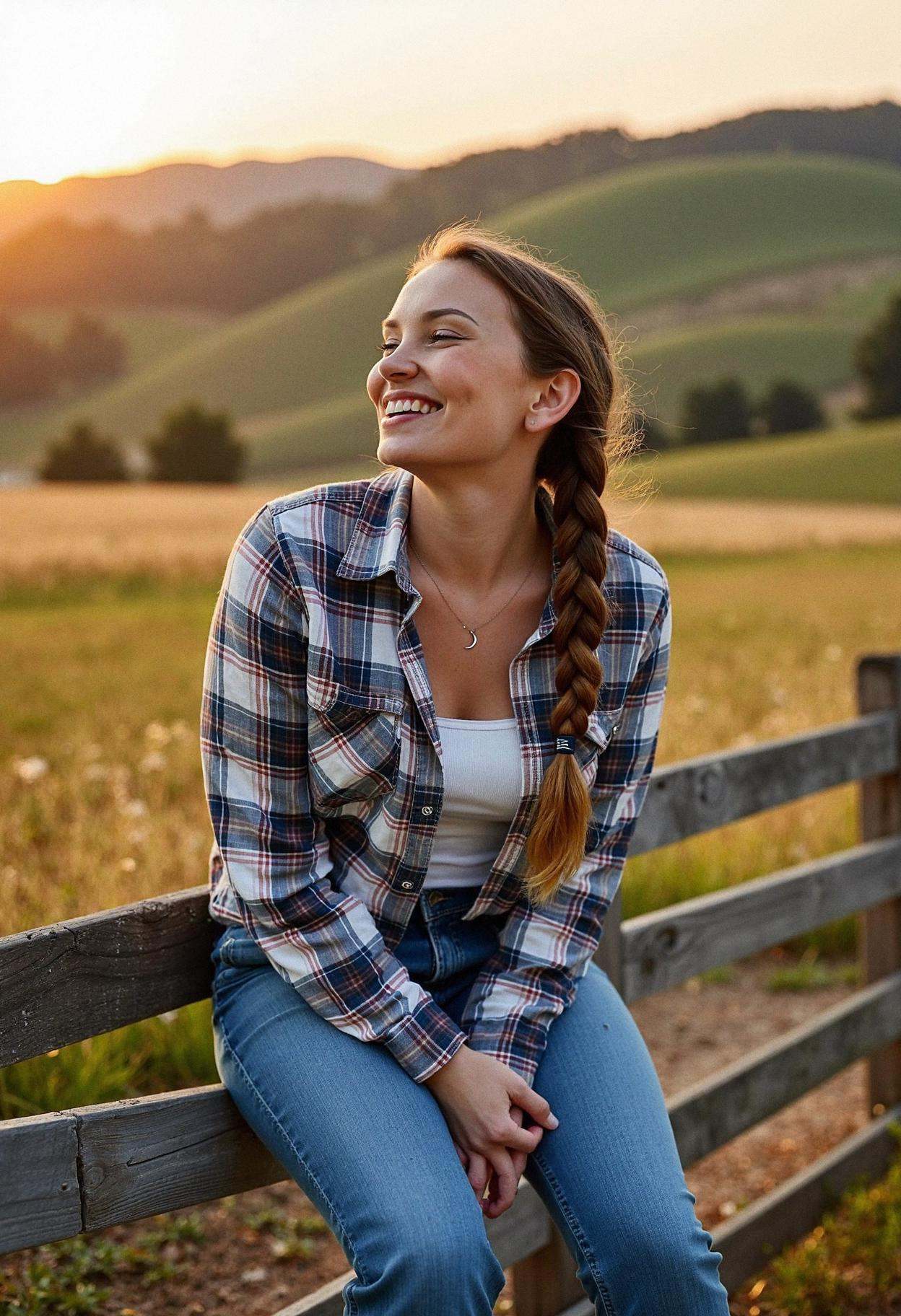 A woman sitting on a rustic wooden fence in the countryside,  giggling as she gazes into the distance away from the camera...