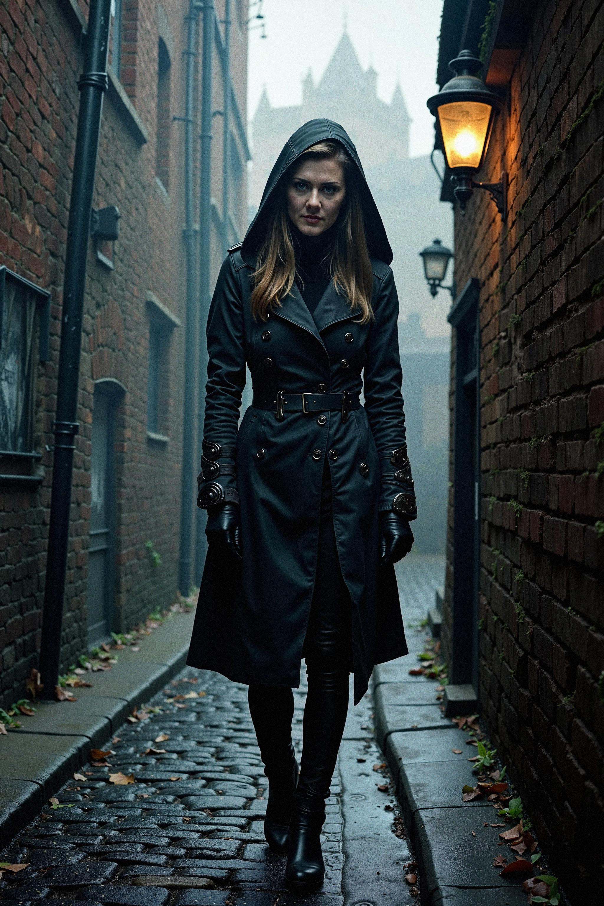 A full-body shot of a Victorian-era assassin standing in the shadows of a narrow,  dimly lit alleyway in the heart of Vict...