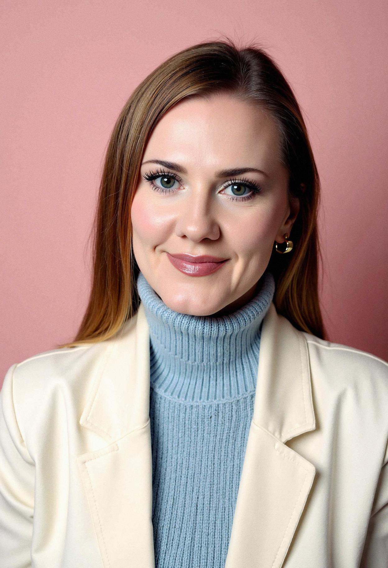 A professional head shot photograph of a woman with a serene smile,  set against a solid soft muted blush pink background....