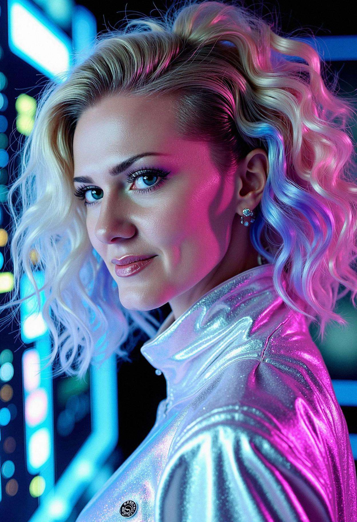 A woman at a cyberpunk tech fair,  embodying futuristic flair. Her hair is shaved on one side and styled into voluminous c...
