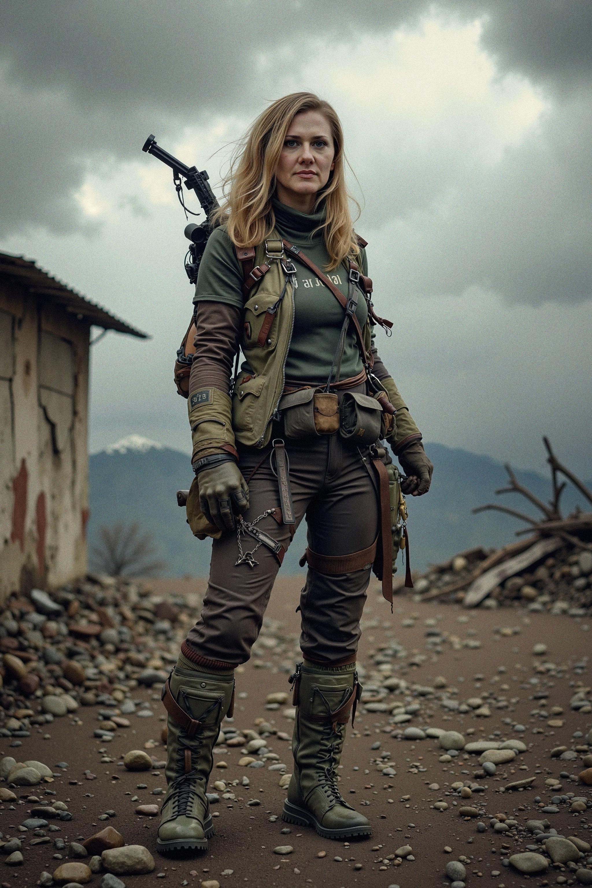 A woman stands resiliently in a desolate post-apocalyptic wasteland,  embodying survival and strength. She wears rugged,...