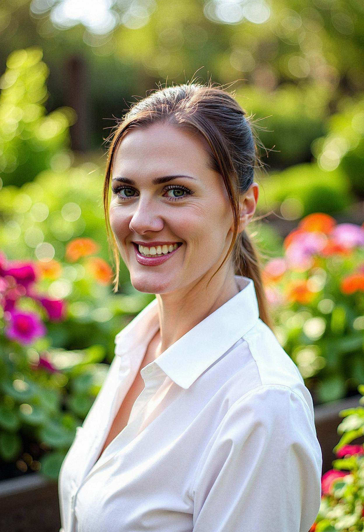 A woman in a vibrant community garden,  looking directly at the camera with warmth and purpose. She's wearing a crisp whit...