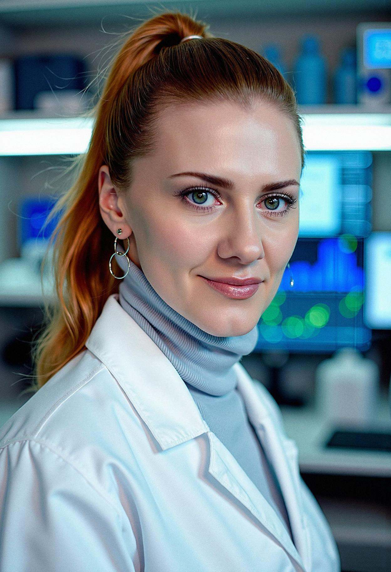 A woman in a cutting-edge research laboratory,  conveying scientific expertise. Her auburn hair is styled in a sleek,  hig...
