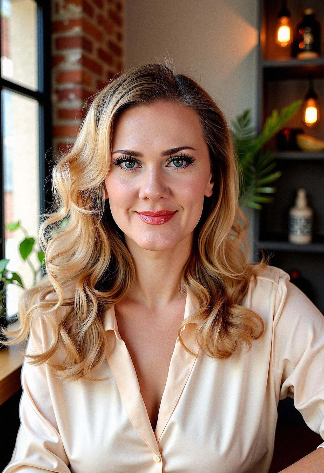 A professional headshot of a woman with wavy hair,  wearing modern makeup including winged eyeliner,  false lashes on Tens...