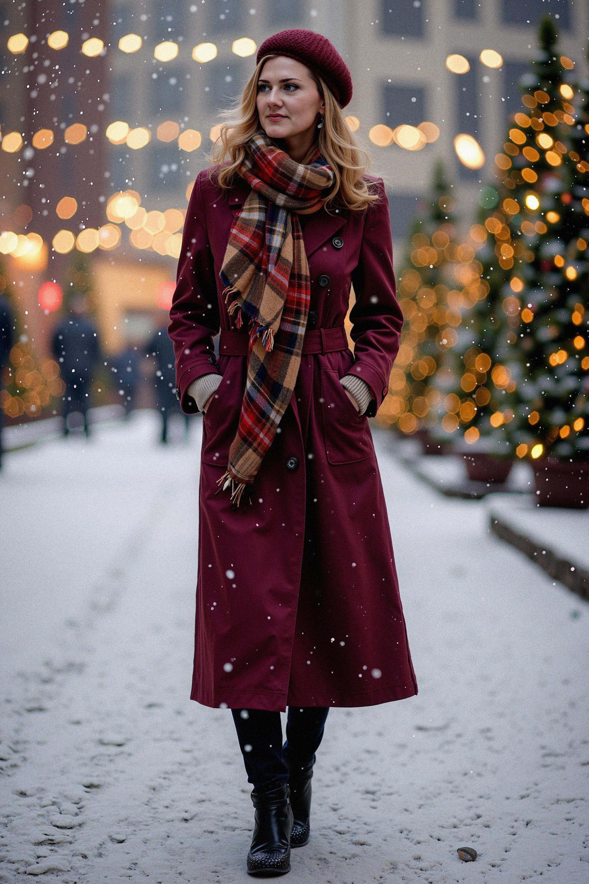 A woman standing gracefully in a snowy city square,  captured in a full-body shot with her face clearly visible,  surround...