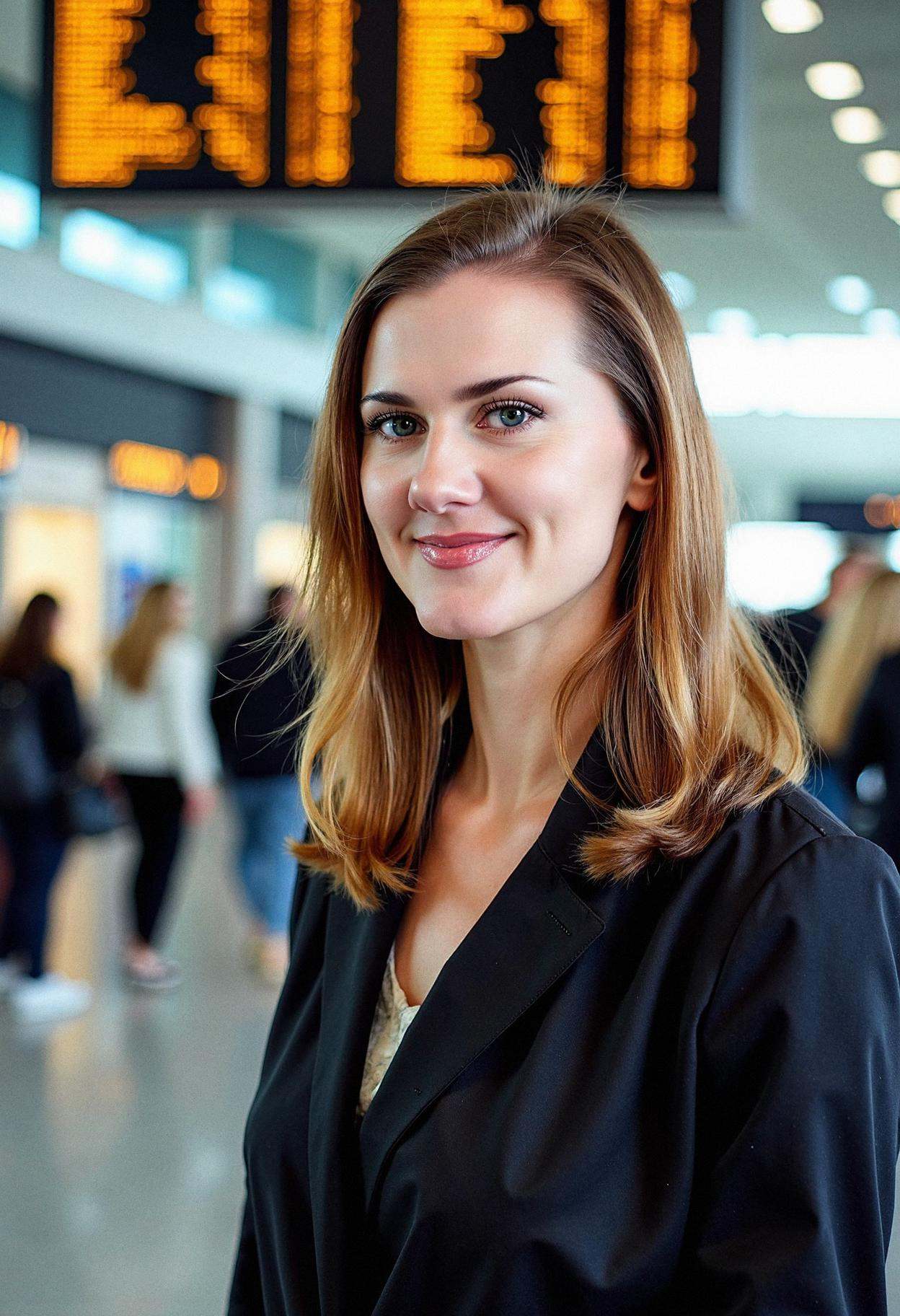 A woman in a bustling international airport,  exuding worldly confidence. Her shoulder-length hair is styled in a sleek,...