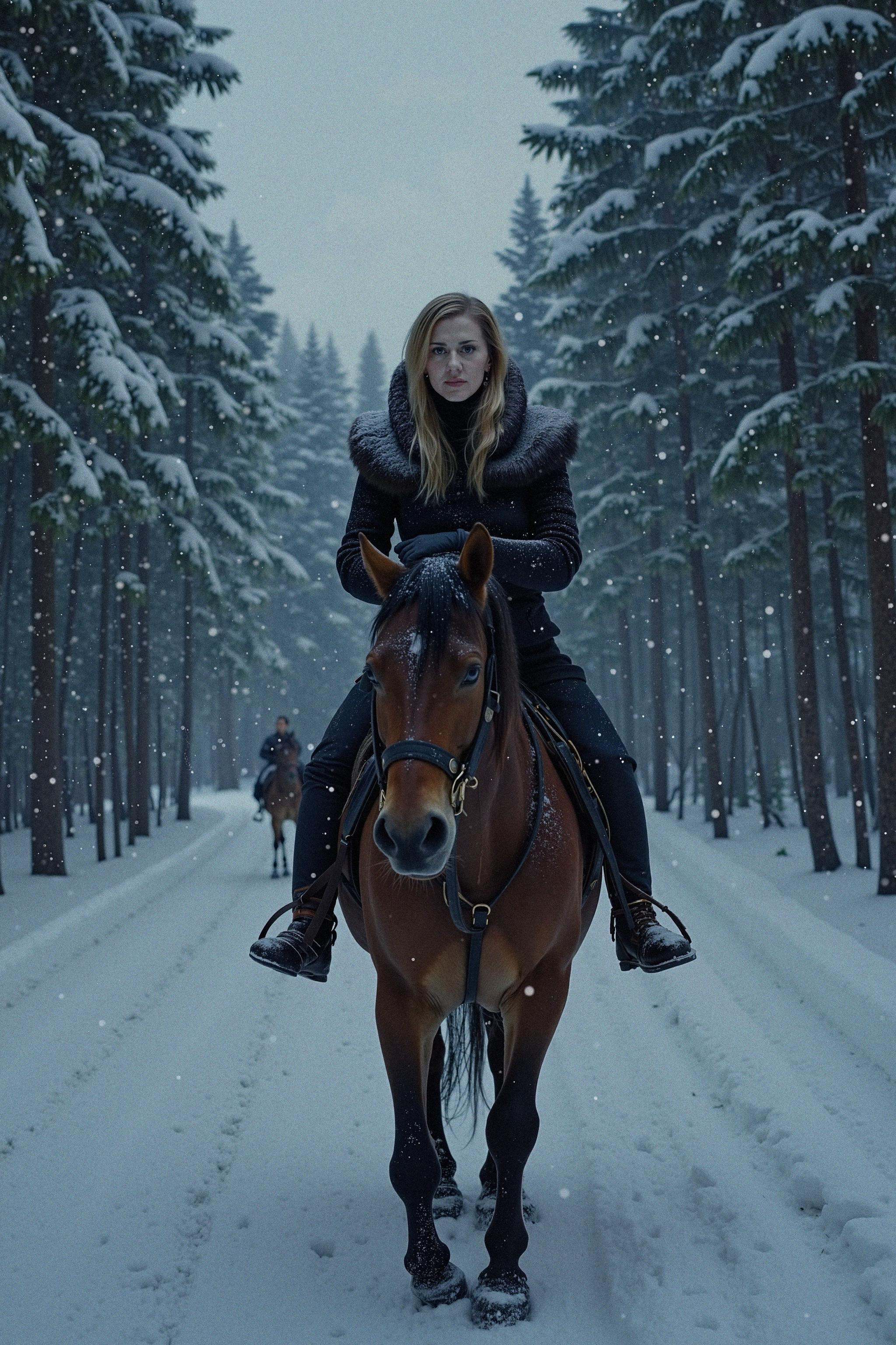 A woman rides a horse through a dense,  snow-covered forest at twilight in a full-body shot that captures both her and the...