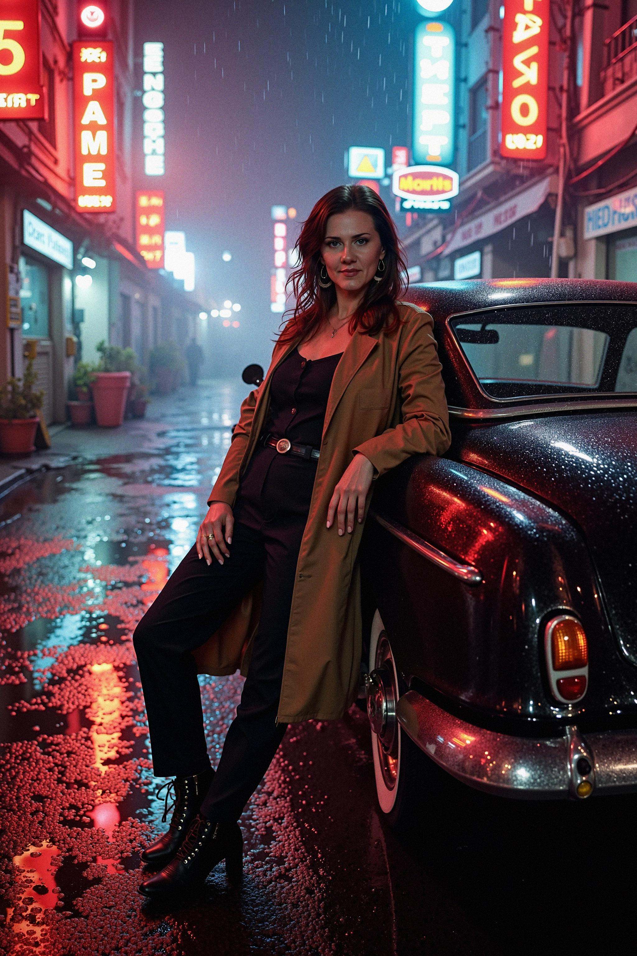 A woman leans against a rain-slicked car in a neon-lit alley. She's wearing a form-fitting trench coat and high-waisted tr...