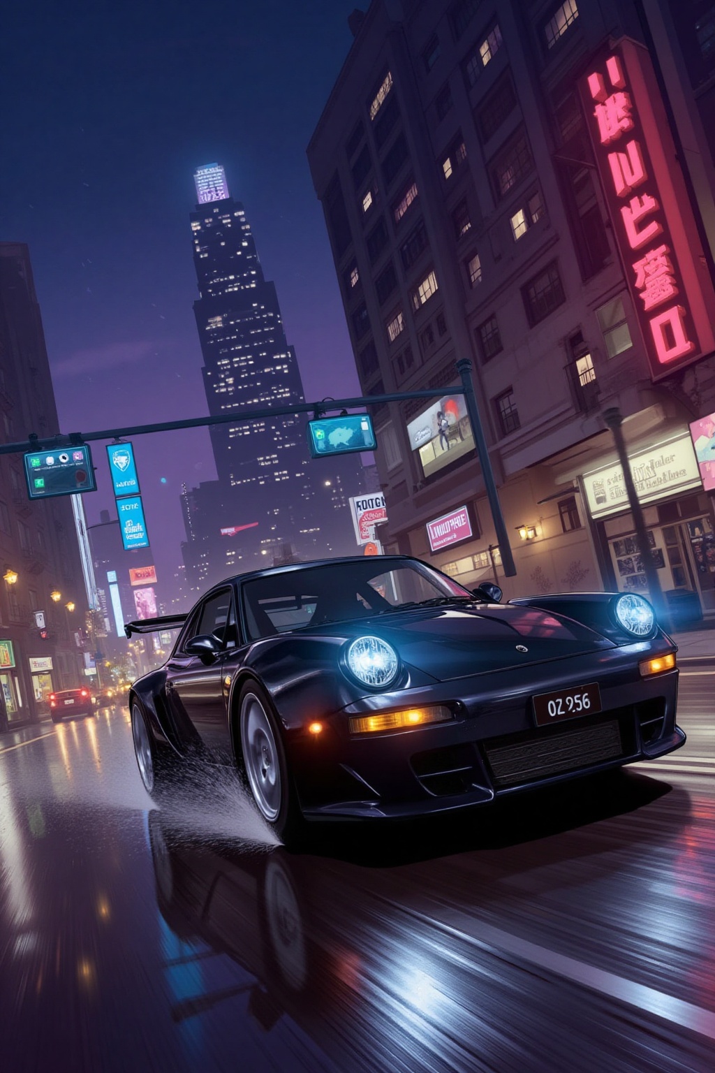 GTA artwork style: A high-performance black sports car zooming along a wet,  rain-slicked city road at night,  with neon l...
