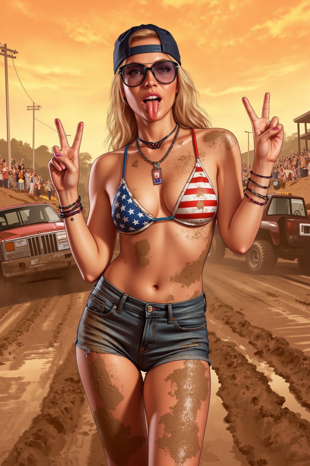 GTA artwork style: A young blonde woman covered in mud,  posing playfully in front of a muddy off-road event scene. She we...