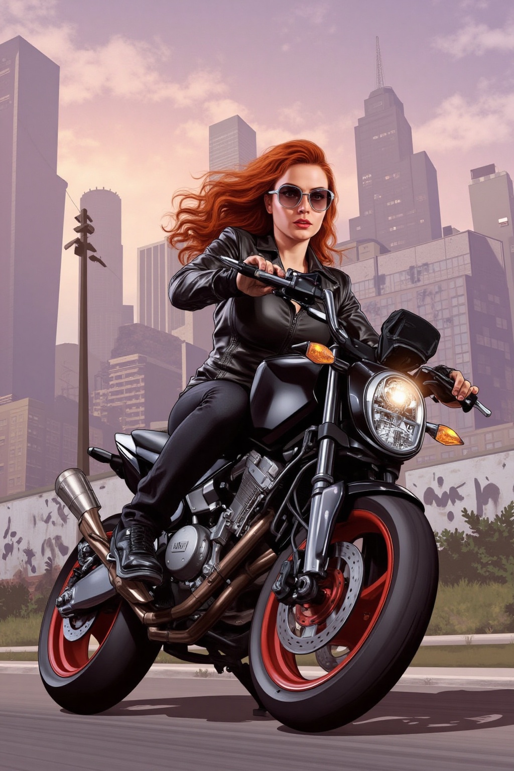 GTA artwork style: A confident young woman with long,  flowing ginger hair,  wearing a sleek black leather jacket and pant...