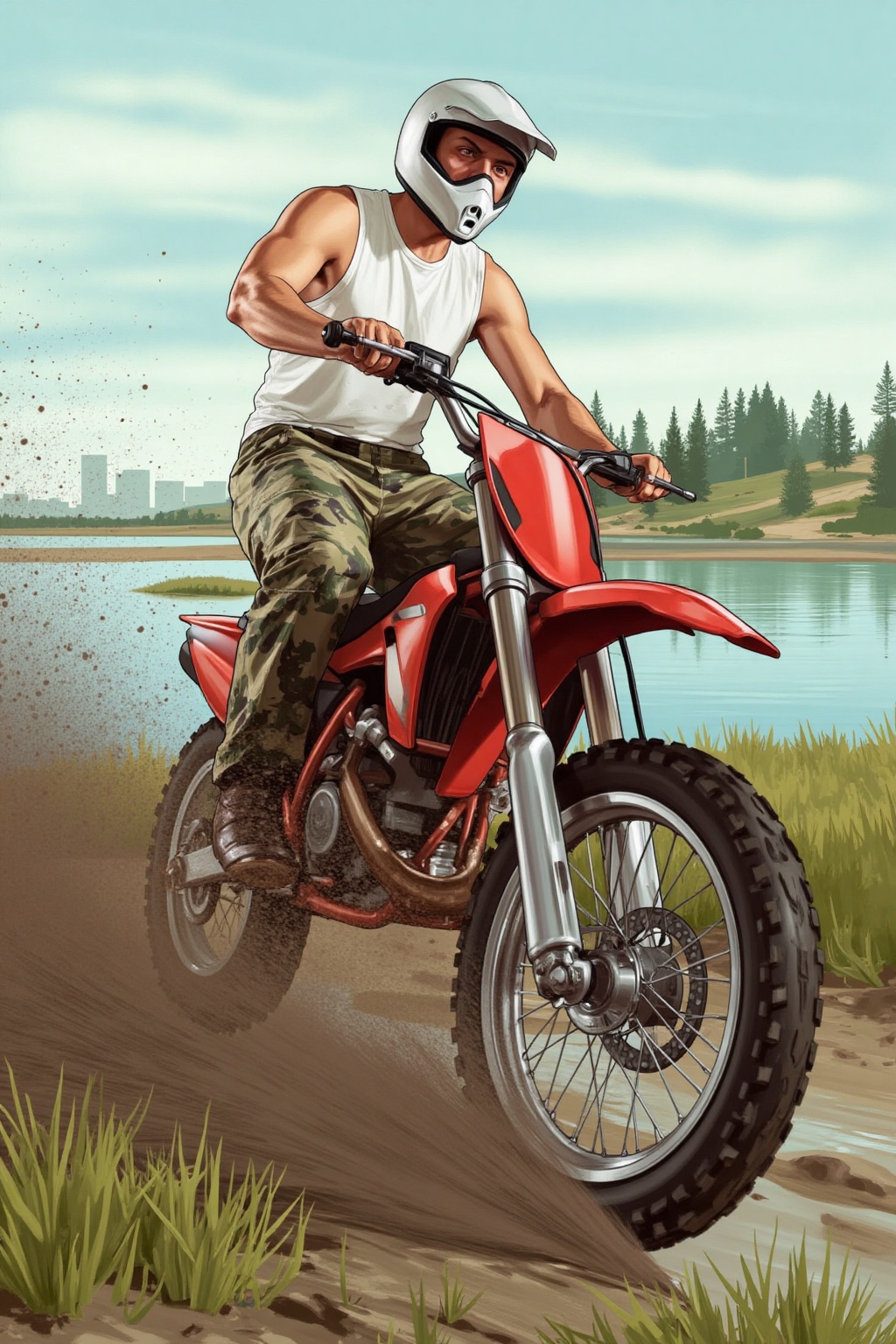 GTA artwork style: A close-up shot of a white man,  wearing a sleek motocross helmet,  a sleeveless white t-shirt on Tenso...