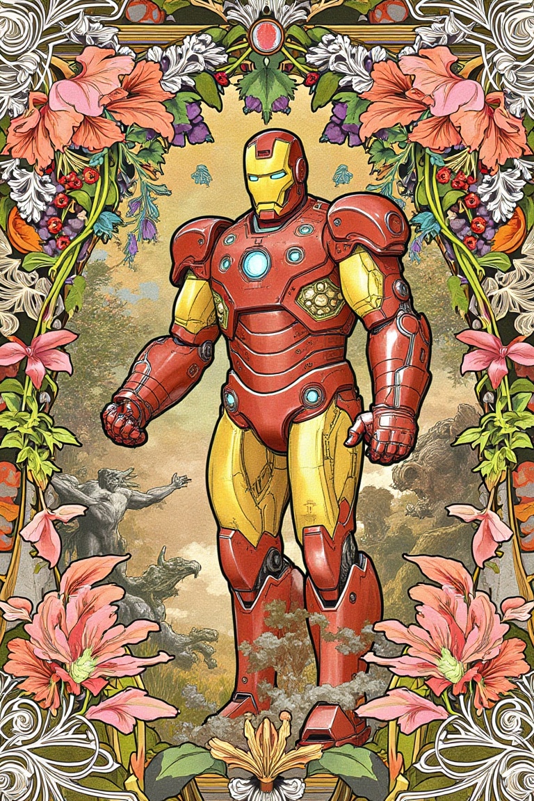 fine art parody of ironman in art nouveau style,  surrounded by flower and leaf ornaments,  hyper detailed artwork on Tens...
