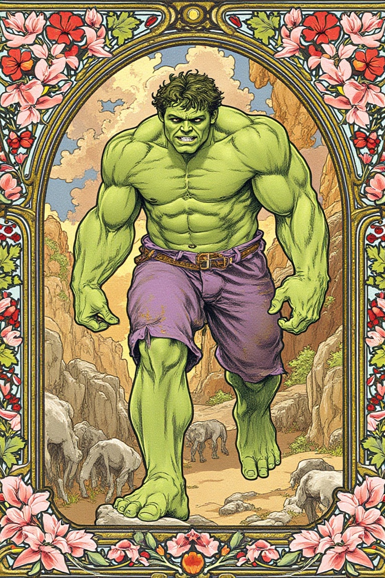 fine art parody of hulk in art nouveau style,  surrounded by flower and leaf ornaments,  hyper detailed artwork on Tensor.Art