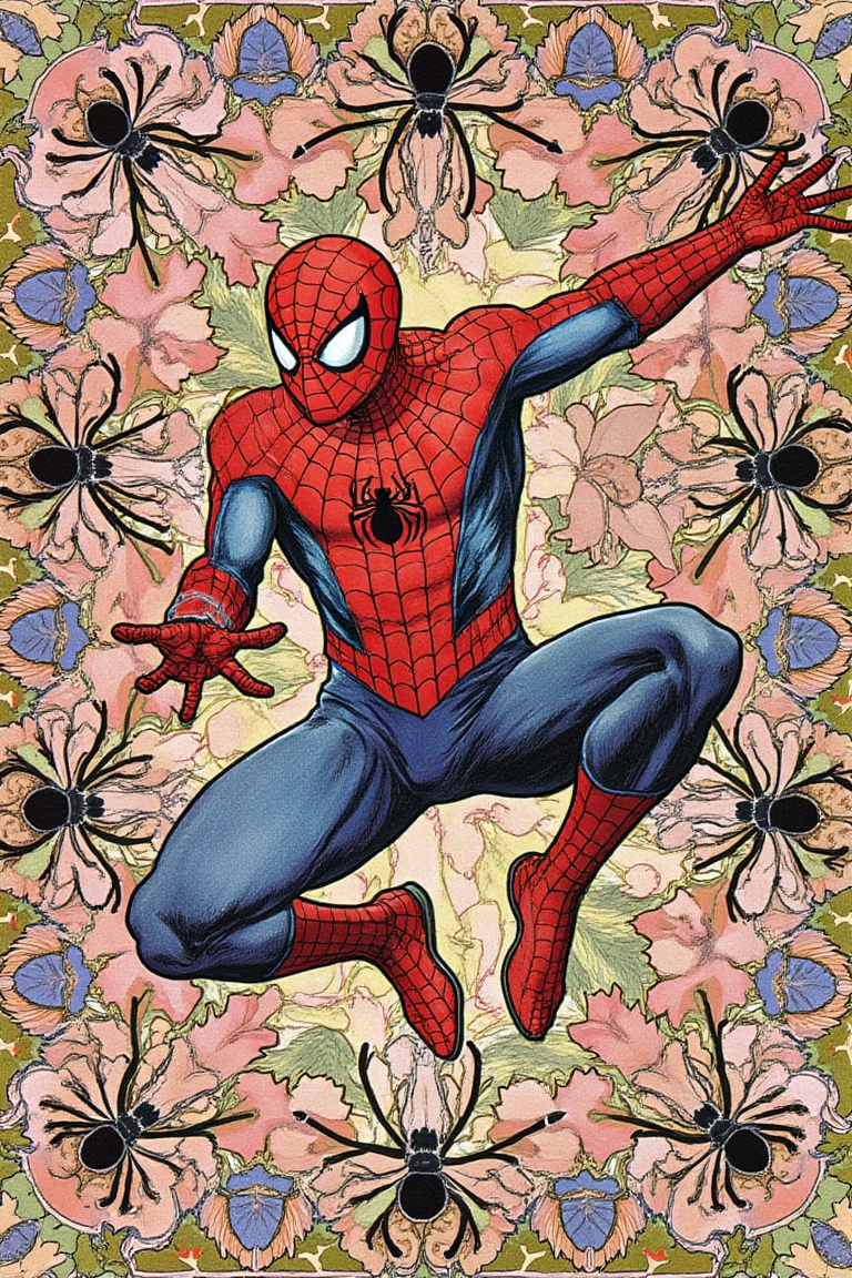 fine art parody of spiderman in art nouveau style,  surrounded by flowery spider ornaments,  hyper detailed artwork on Ten...