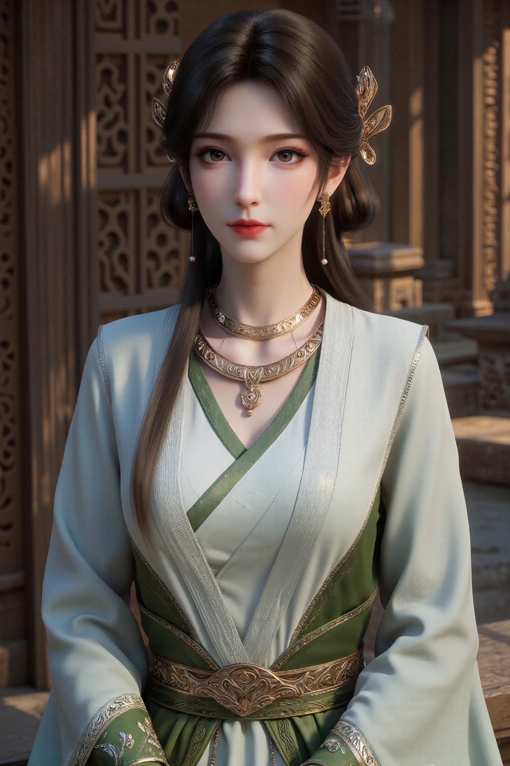 The image depicts a young woman dressed in an elegant traditional outfit. She is wearing a white and green dress with intr...