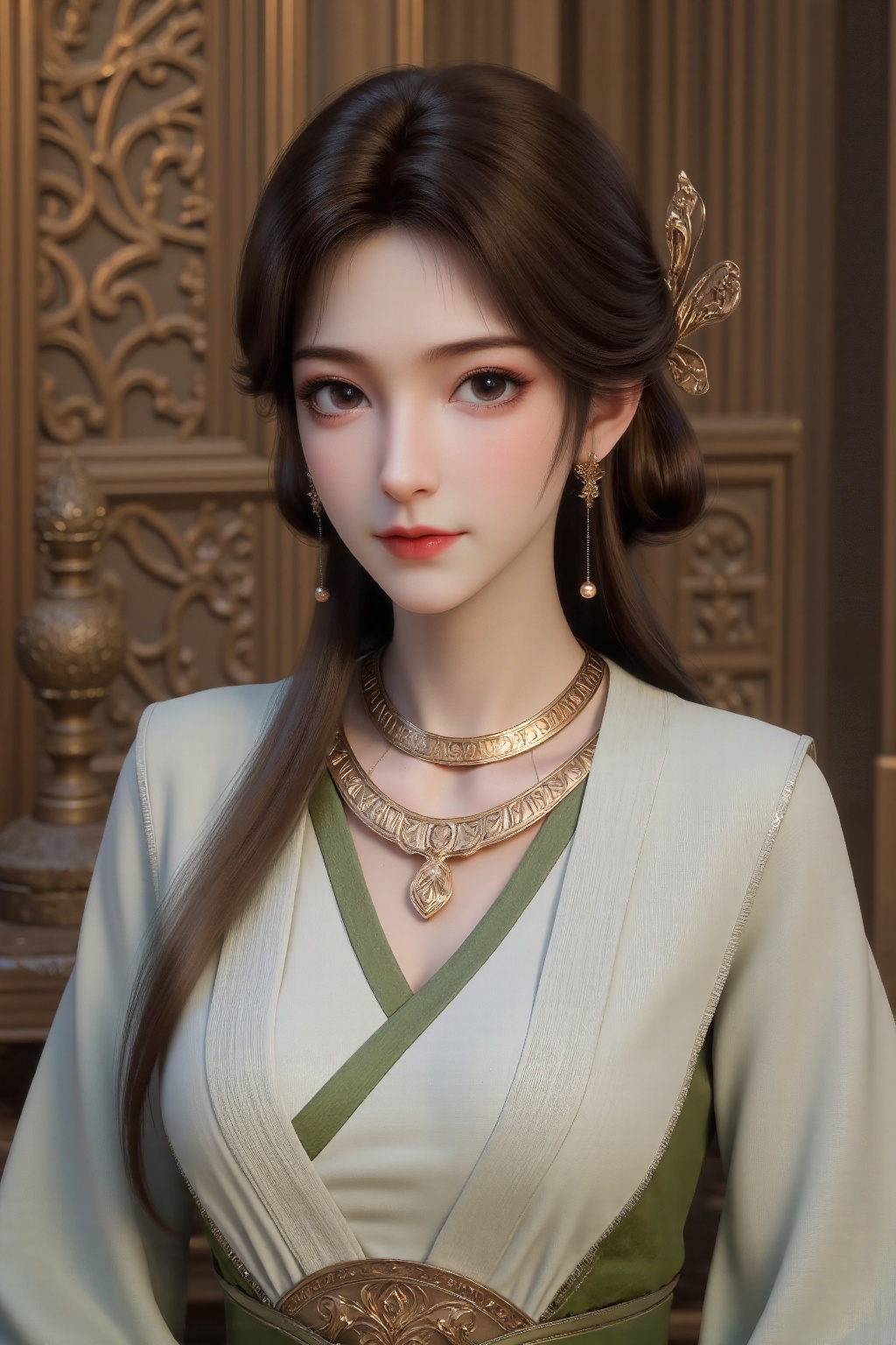 The image depicts a young woman dressed in an elegant traditional outfit. She is wearing a white and green dress with intr...