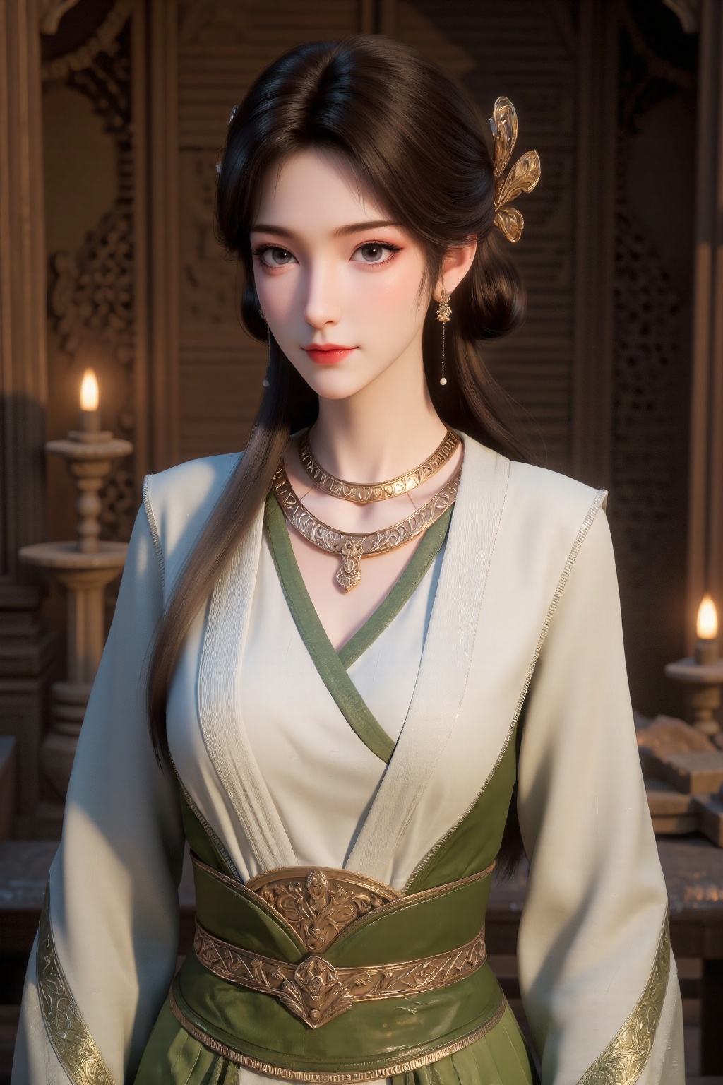 The image depicts a young woman dressed in an elegant traditional outfit. She is wearing a white and green dress with intr...