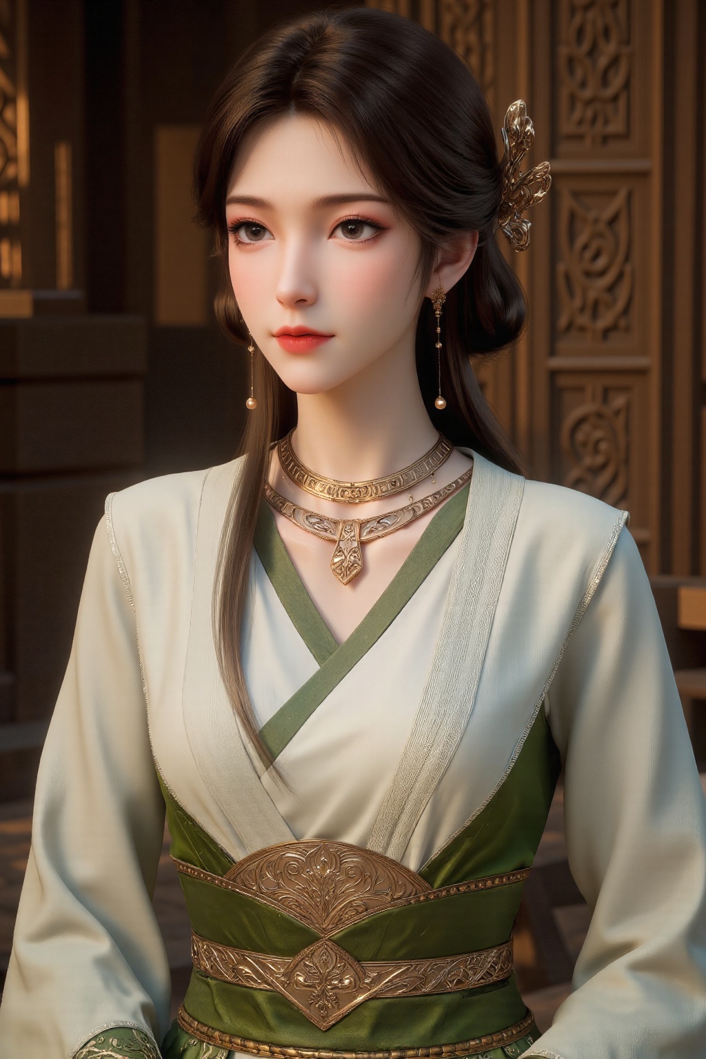 The image depicts a young woman dressed in an elegant traditional outfit. She is wearing a white and green dress with intr...