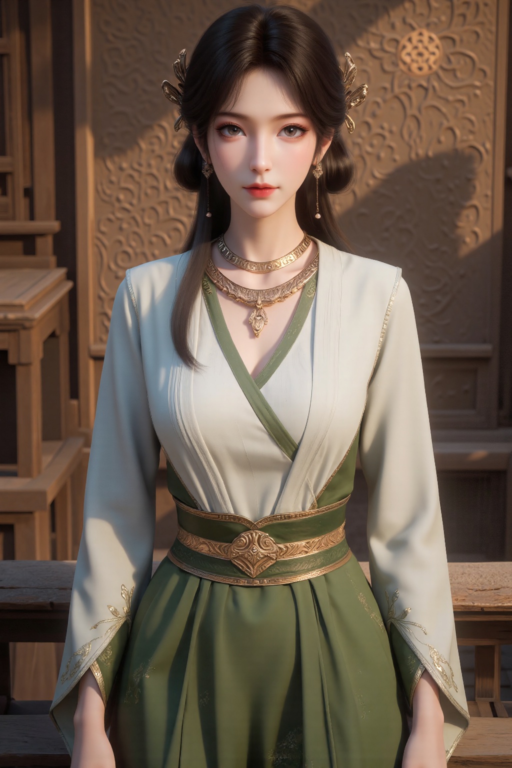 The image depicts a young woman dressed in an elegant traditional outfit. She is wearing a white and green dress with intr...