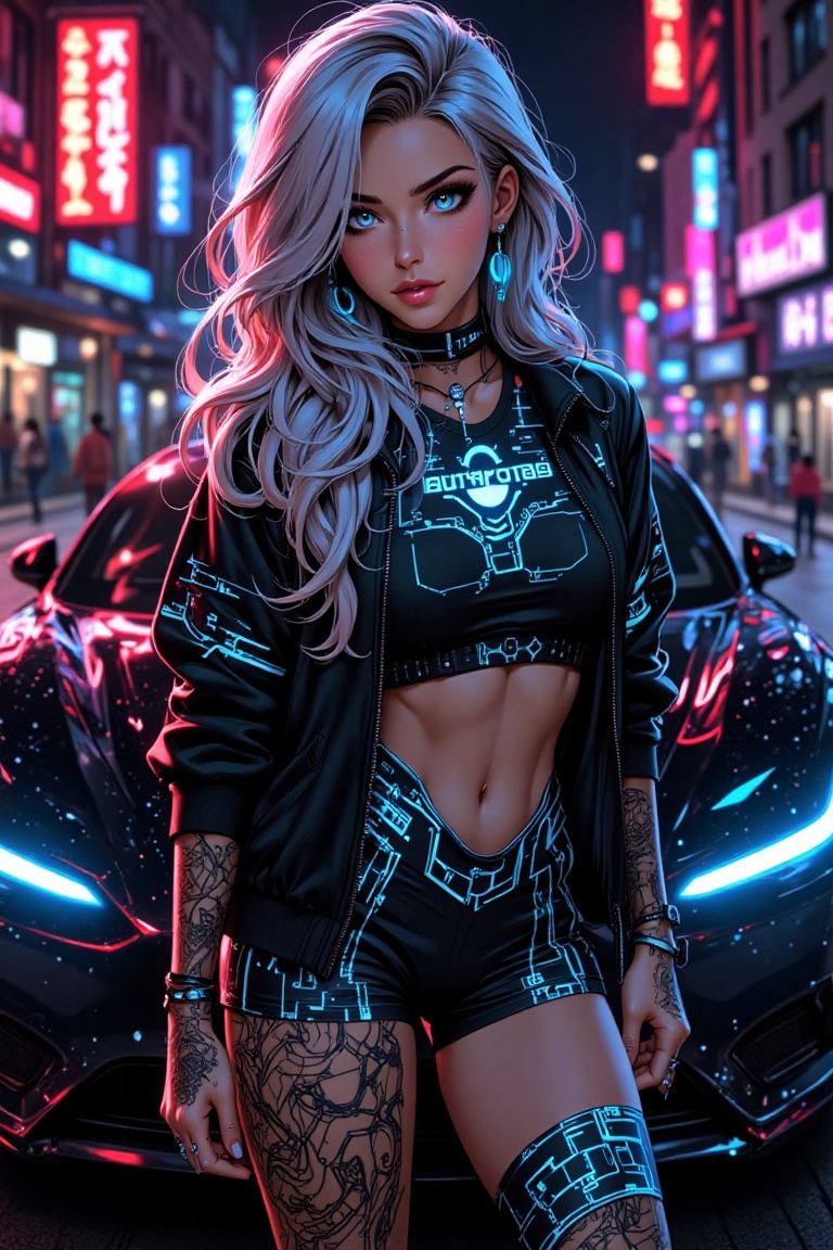A futuristic girl with long neon hair poses on a sleek Tesla Cybertruck. Her realistic eyes glow electric blue,  matching...