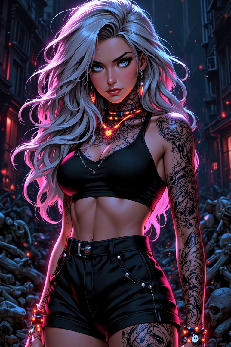 A fierce woman with silver hair and blue eyes stands amidst city ruins. Neon lights reflect off her tattoos,  creating a v...