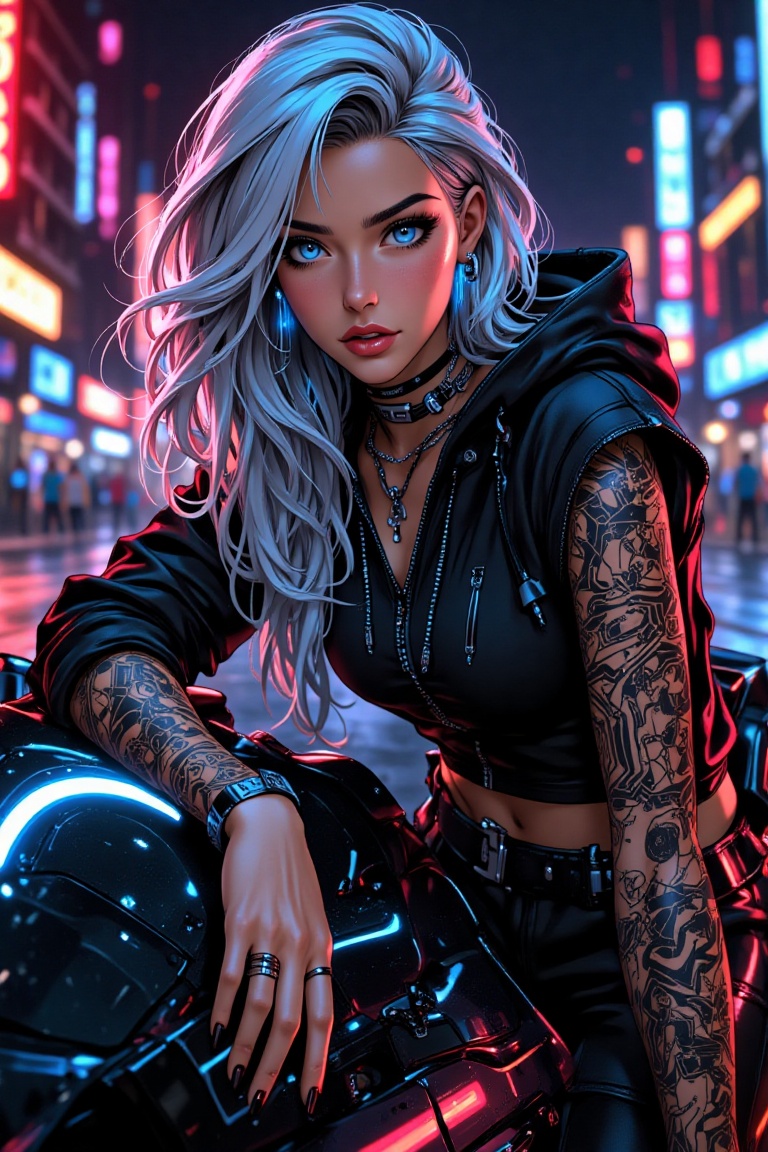 A futuristic girl with long neon hair poses on a sleek Tesla Cybertruck. Her realistic eyes glow electric blue,  matching...