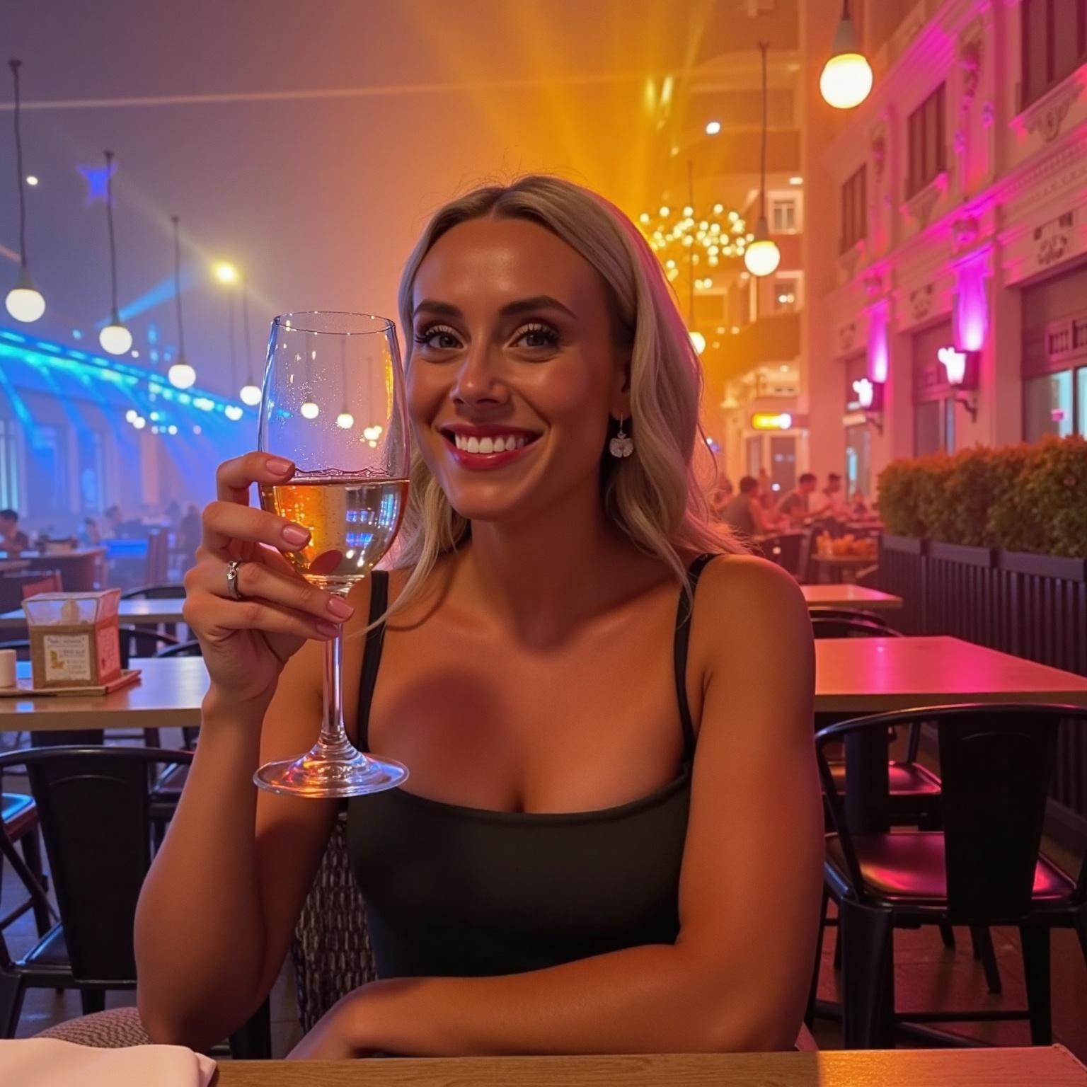 photo of exp woman,  The image shows a woman sitting at an outdoor café or restaurant with a vibrant,  colorful background...
