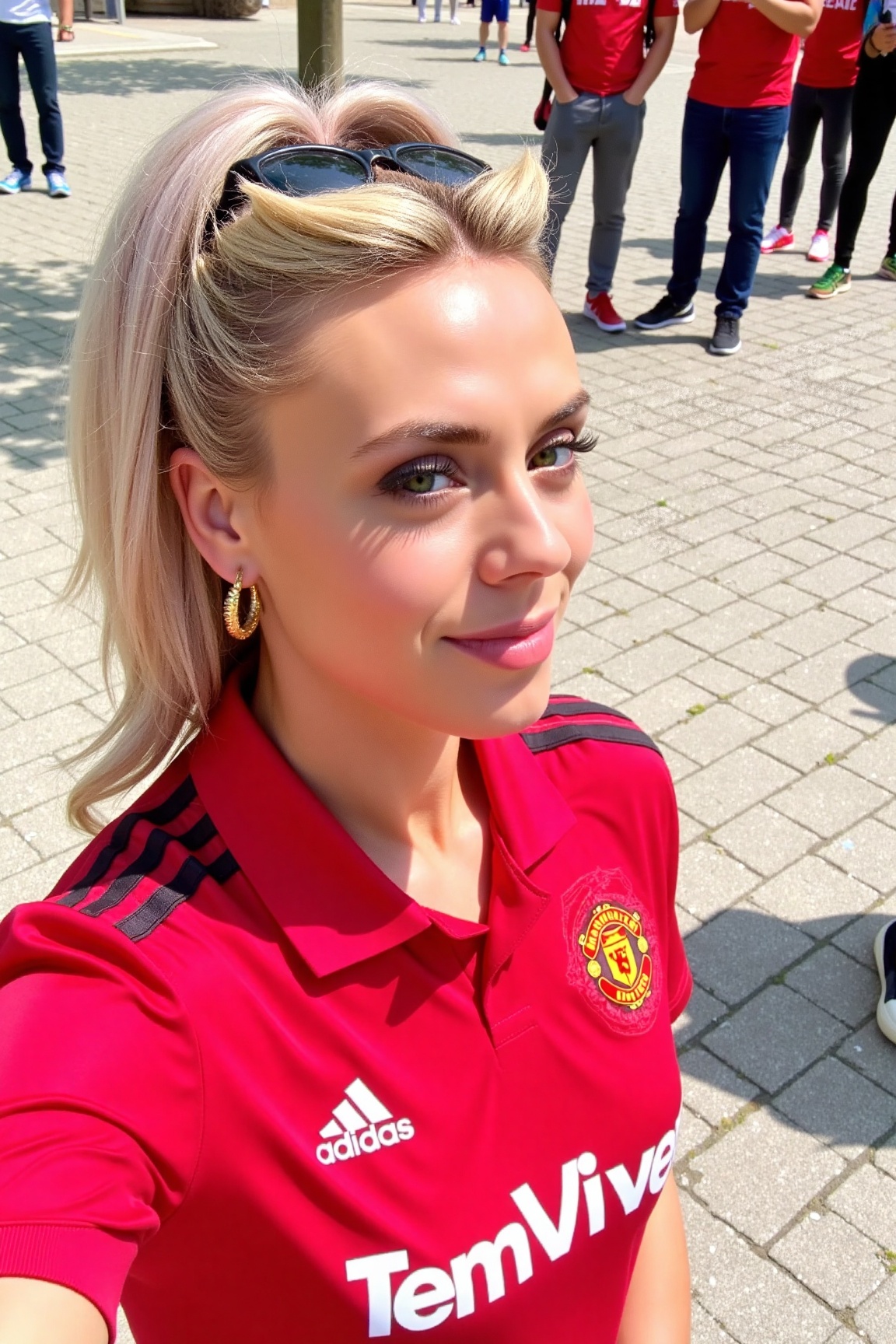 photo of exp woman,  The image shows a person taking a selfie while wearing a red Manchester United jersey with the Adidas...