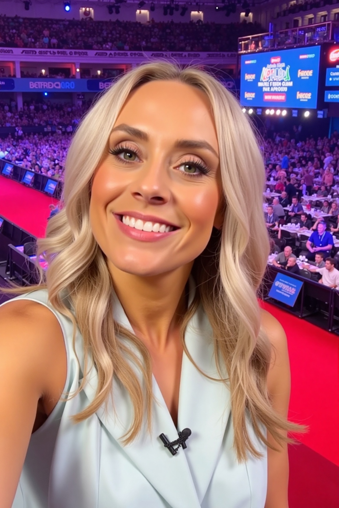photo of exp woman,  The image shows a woman with long,  wavy blonde hair smiling at the camera. She is wearing a sleevele...