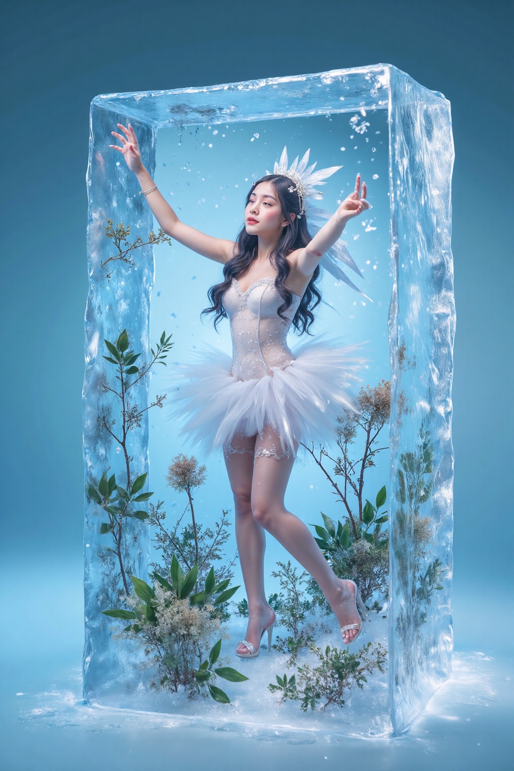 The image depicts a person dressed in a fairy-like costume,  standing inside a transparent ice cube. The costume is adorne...