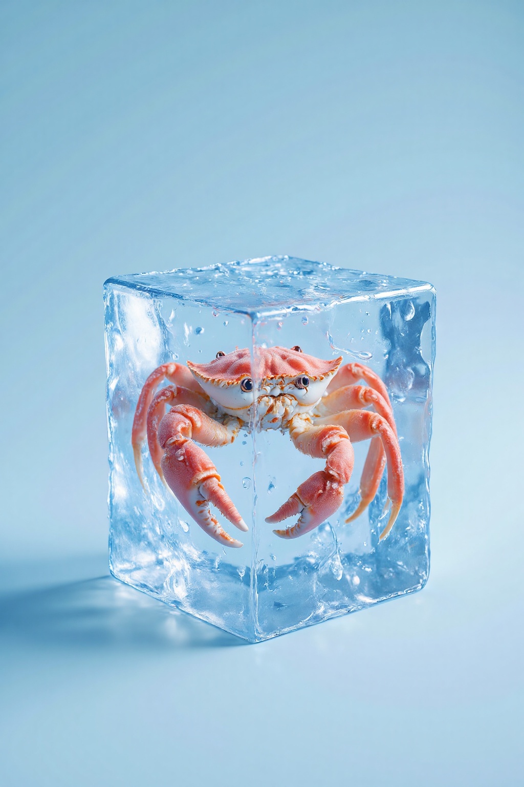 The image depicts a transparent cube made of ice,  which contains a crab. The crab is positioned at the center of the cube...