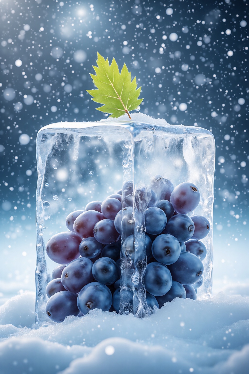 The image depicts a transparent ice cube containing a cluster of purple grapes. The ice cube is placed on a snowy surface,...