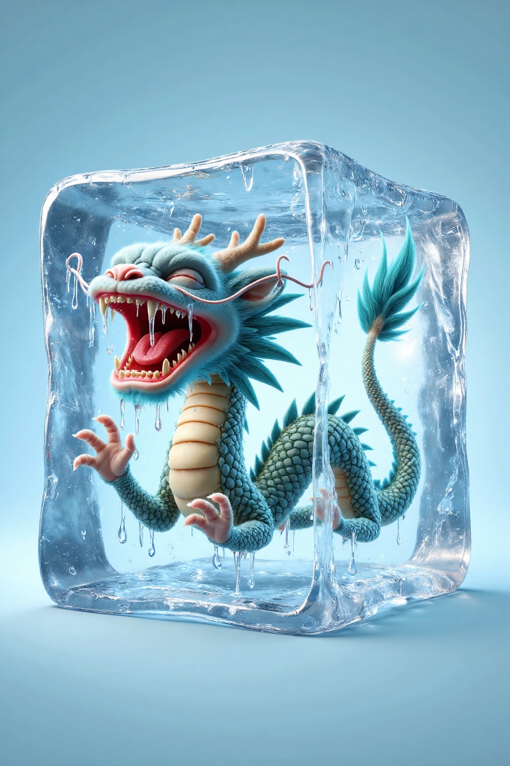 The image depicts a whimsical scene where a dragon is encased in an ice cube. The dragon has vibrant blue and green scales...