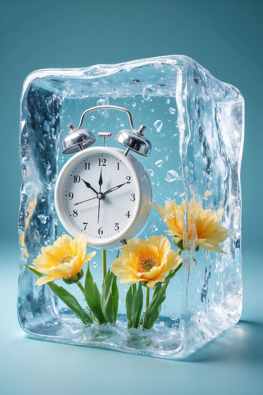 The image depicts a beautifully crafted still life scene. At the center is a large,  transparent ice block,  which serves...