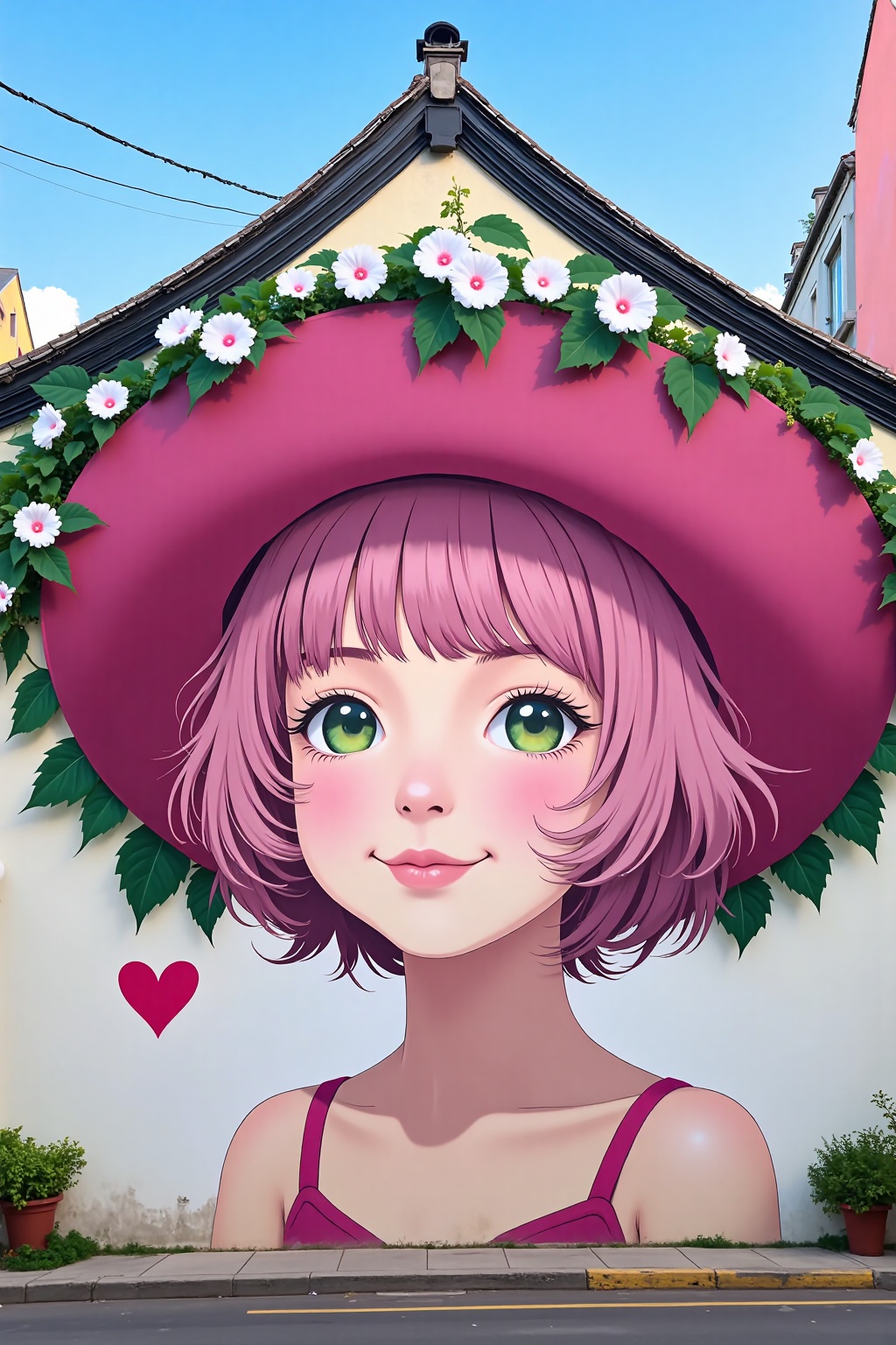 The image depicts a large mural of a young girl with short pink hair and green eyes. She is wearing a large pink hat adorn...